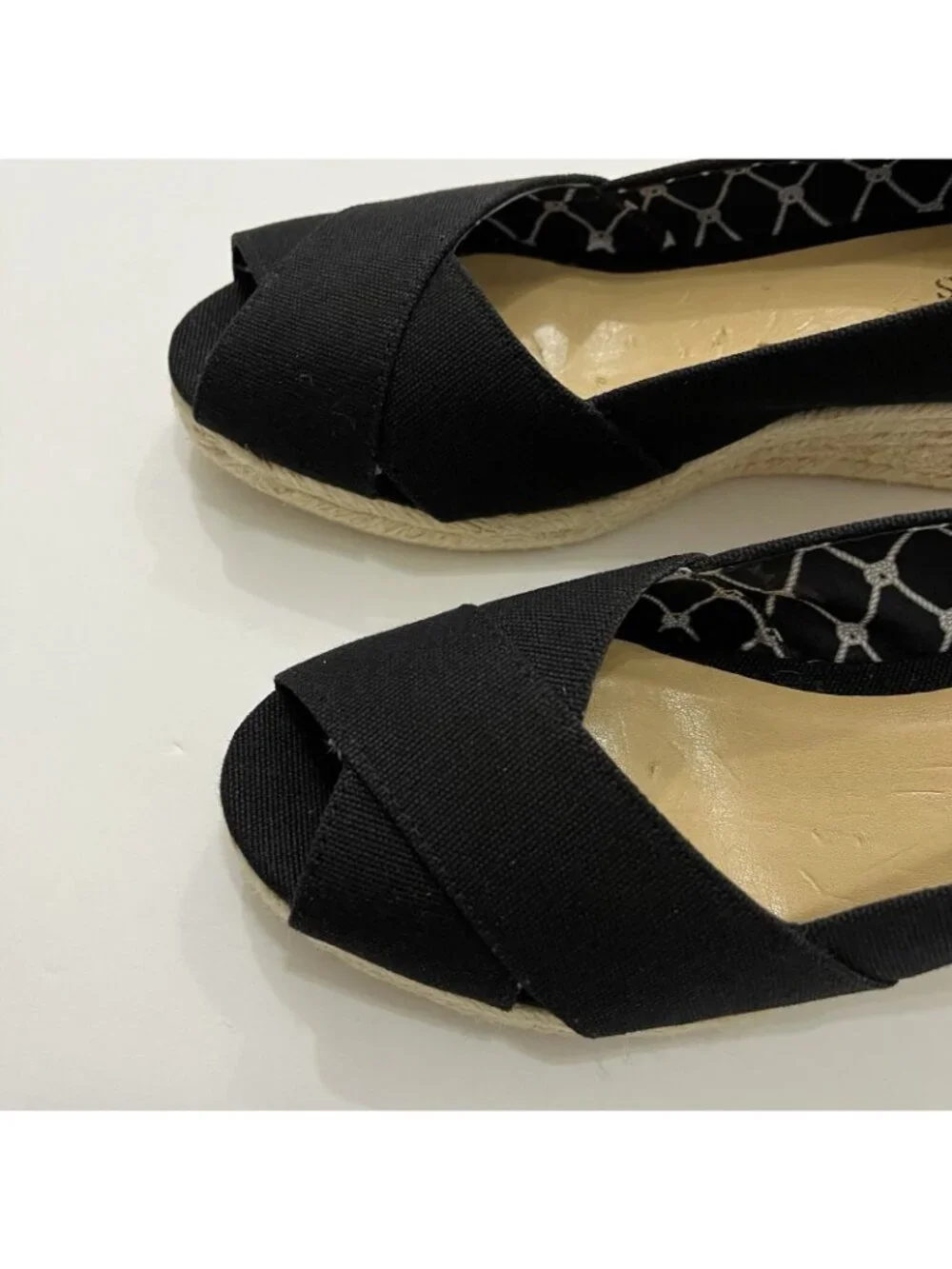 Talbots Black Canvas Peep Toe Sip On Espadrille Wedge Sandal